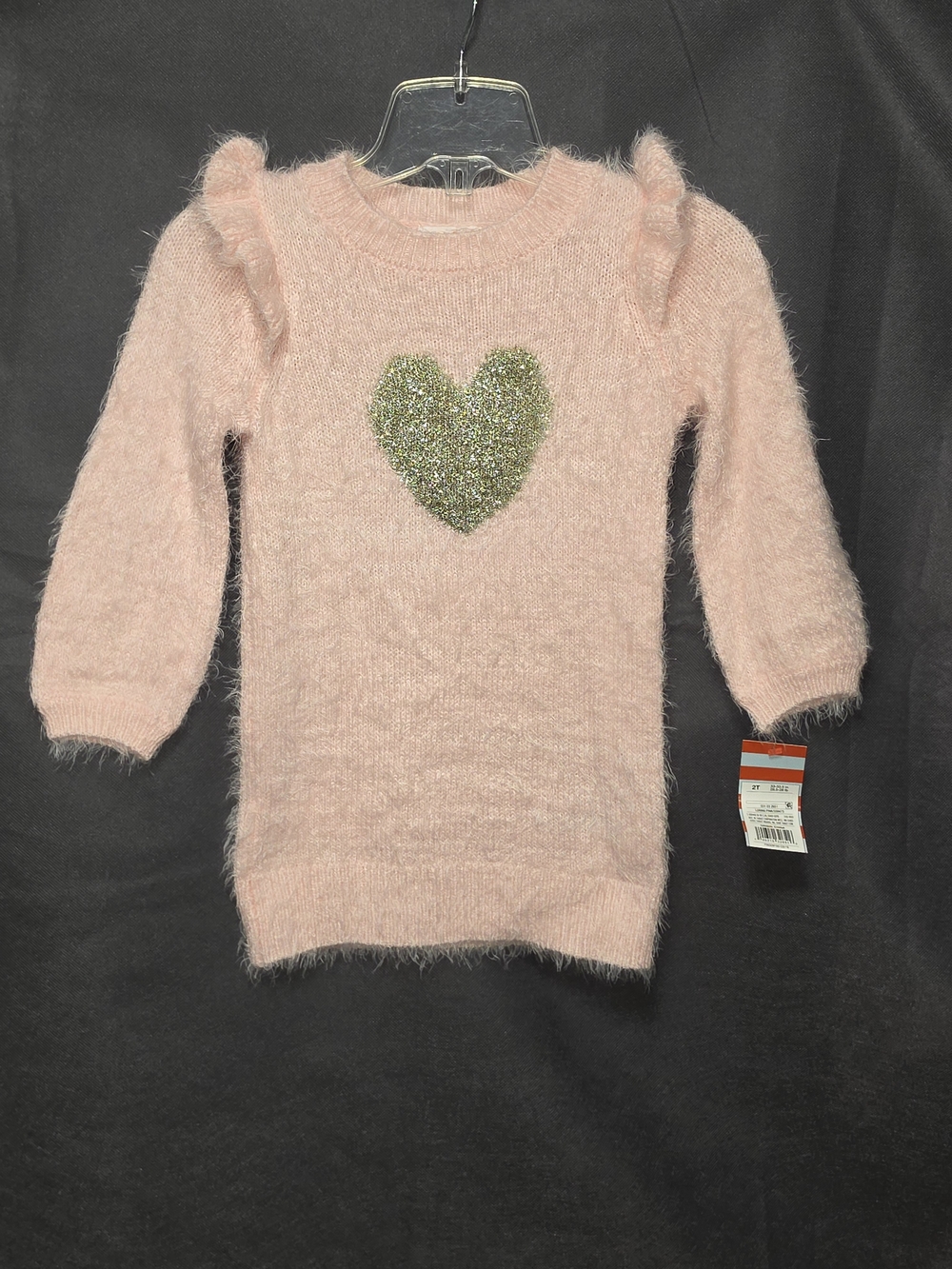 Cat & Jack Pink Fuzzy Heart Sweater Dress with Gold Glitter Heart